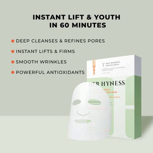 Anti-wrinkle smooth mask sheet and its packaging box by HYNNESS, displayed on a light sage green background with promotional text highlighting instant lift and pore cleansing benefits.