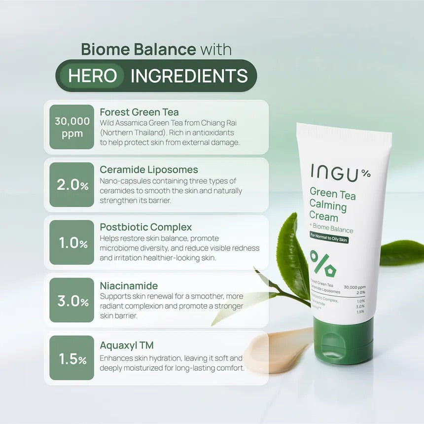INGU% Green Tea Calming Cream + Biome Balance 50ml — For Normal to Oily Skin